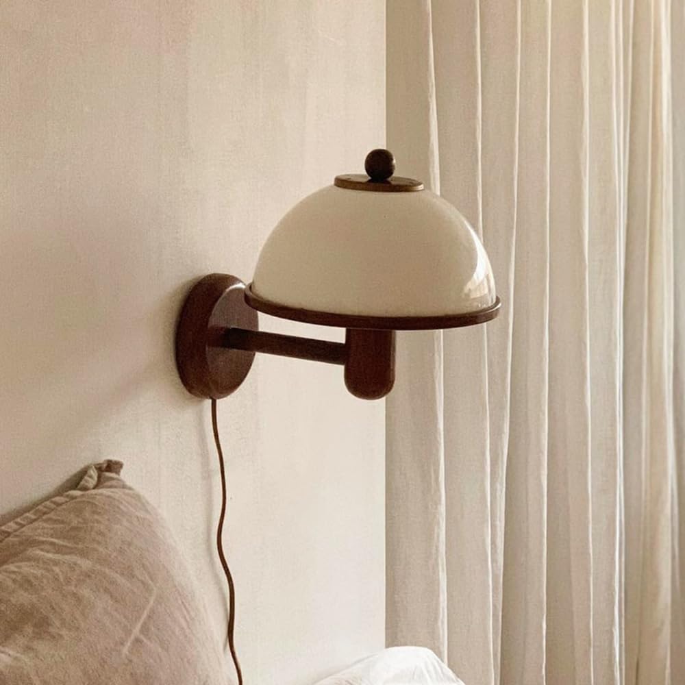 Renter Friendly Plug in Modern Wall Sconce Mid Century with White Milk Shade Rustic Wood Wall Mount Light Hardwired