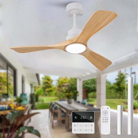 42 Inch Ceiling Fans with Lights and Remote, Dimmable, Natural Wood Ceiling Fan with Light