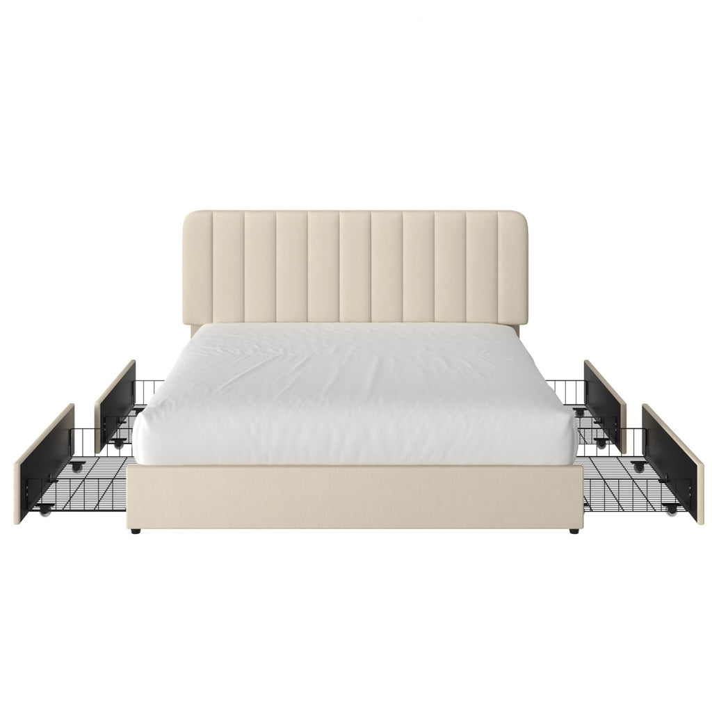 King Size Upholstered Bed Frame with 4 Drawers and Headboard, Velvet Platform Storage Bedframe, Wooden Slats Support