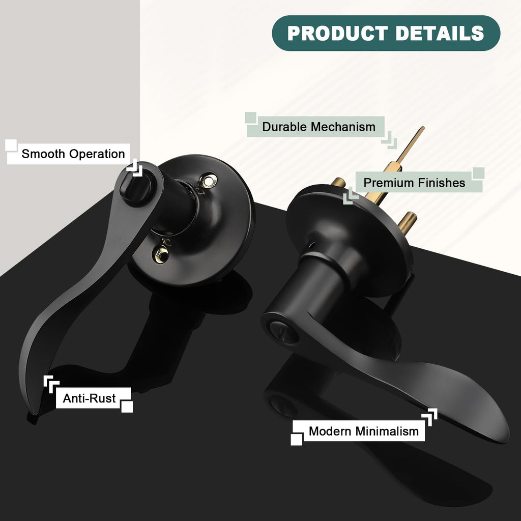 4 Pack Privacy Door Levers Matte Black Privacy Door Handles Keyless Interior Door Handle with Lock Modern Black Door