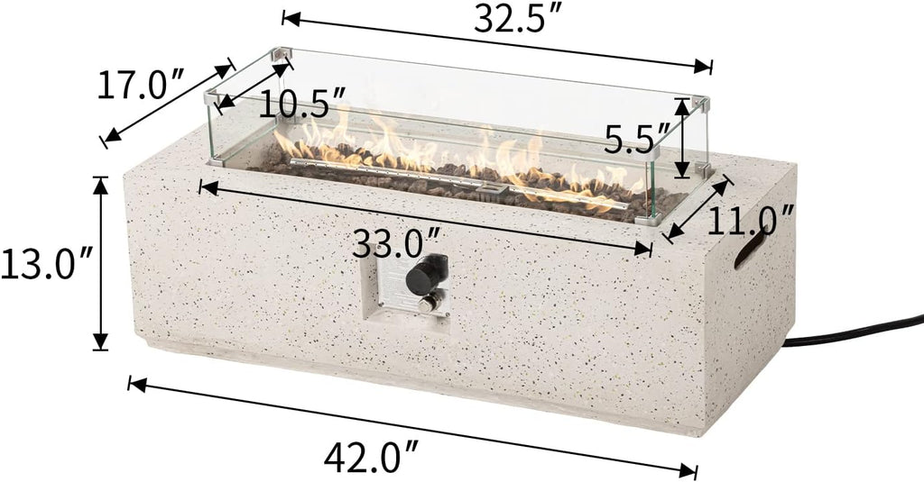 Outdoor Propane Fire Pit Coffee Table, 42-inch x 13-inch Terrazzo Rectangle Base Patio Heater w Certified