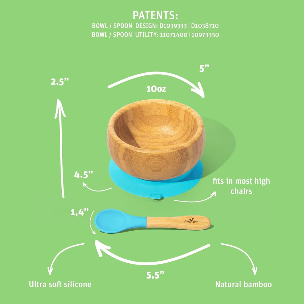 Baby Feeding Set, Bamboo Suction Plate, Bowl & 7 Spoons, Blue