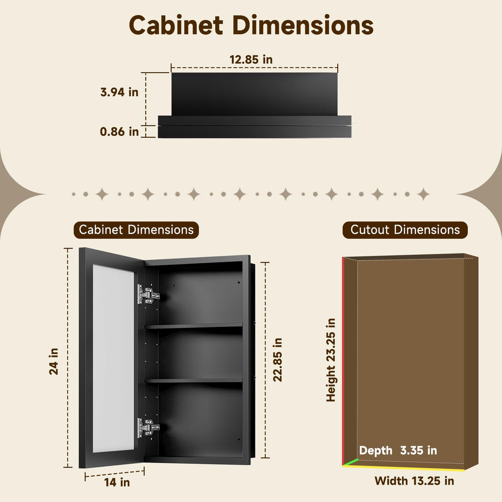 14" x 24" Gold Medicine Cabinets with Mirror, Aluminum Alloy Framed Mirror, Recessed or Surface Wall-Mounted Metal