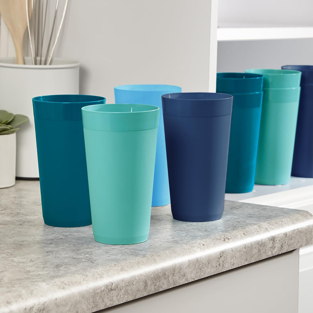 Newport 20 ounce Unbreakable Plastic Stackable Water Tumblers in 4 Coastal Colors | Set of 12 Drinking Cups |