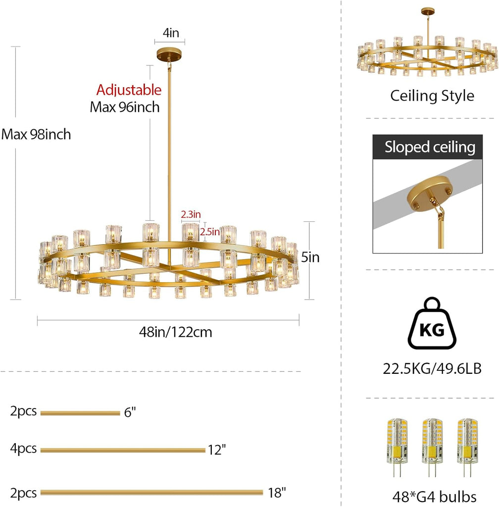 K9 Crystal 48-Light Round Chandelier, 48" Gold Chandeliers for Living Room, Modern Farmhouse Wagon Wheel Chandeliers For Dining Room,Entryway,Foyer,Includes G4 Bulbs Arcachon Brass Chandelier A117-B0DNZ6ZL47