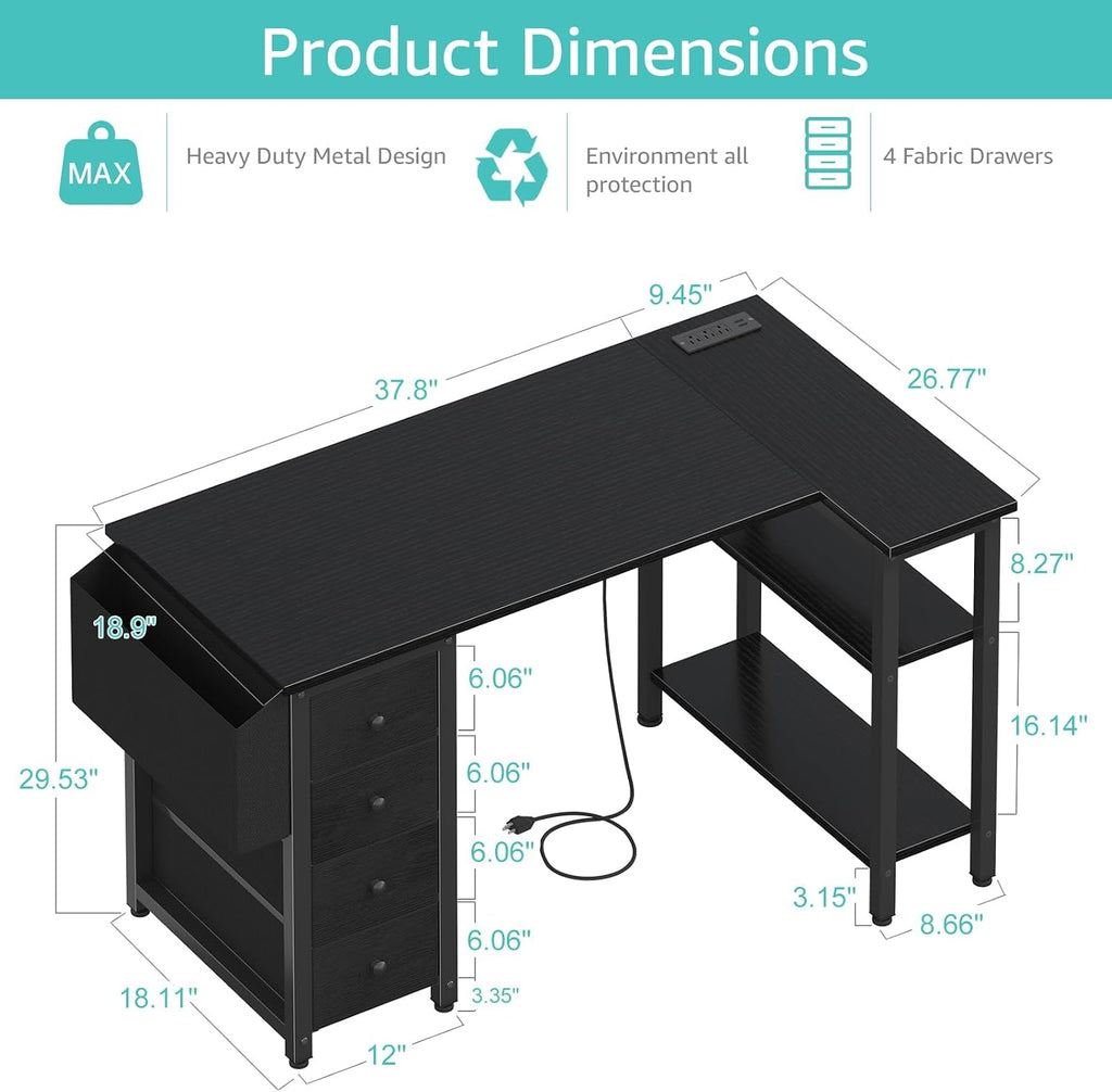 L Shaped Gaming Desk with Power Outlet, 47 Inch Reversible Corner Computer Desk with Drawers & Storage Shelves