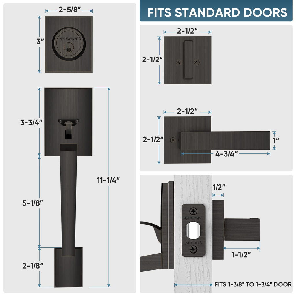 Front Door Handle Set, Heavy Duty Square Door Lever & Single Cylinder Deadbolt Combo Reversible for Entrance Exterior