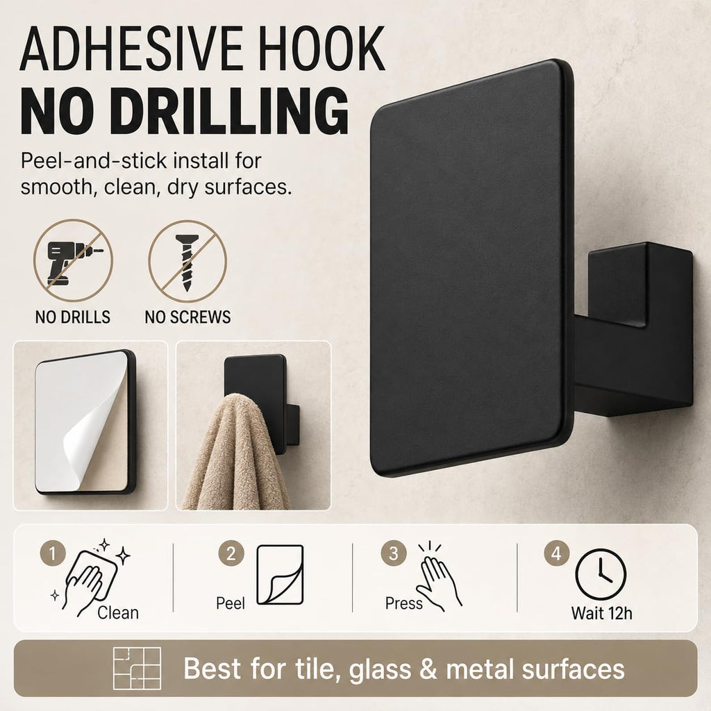 Black Bathroom Hardware Set, 4-Piece + 15.7" Shelf & Adhesive Robe Hook