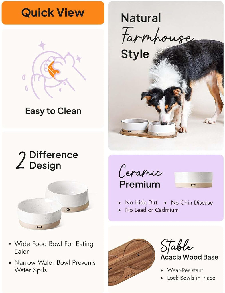 Ceramic Dog Bowl Set with Acacia Wood Tray, 3.2 Cup Food Bowl + 29 oz Water Bowl, Weighted Non-Slip Feeding Station