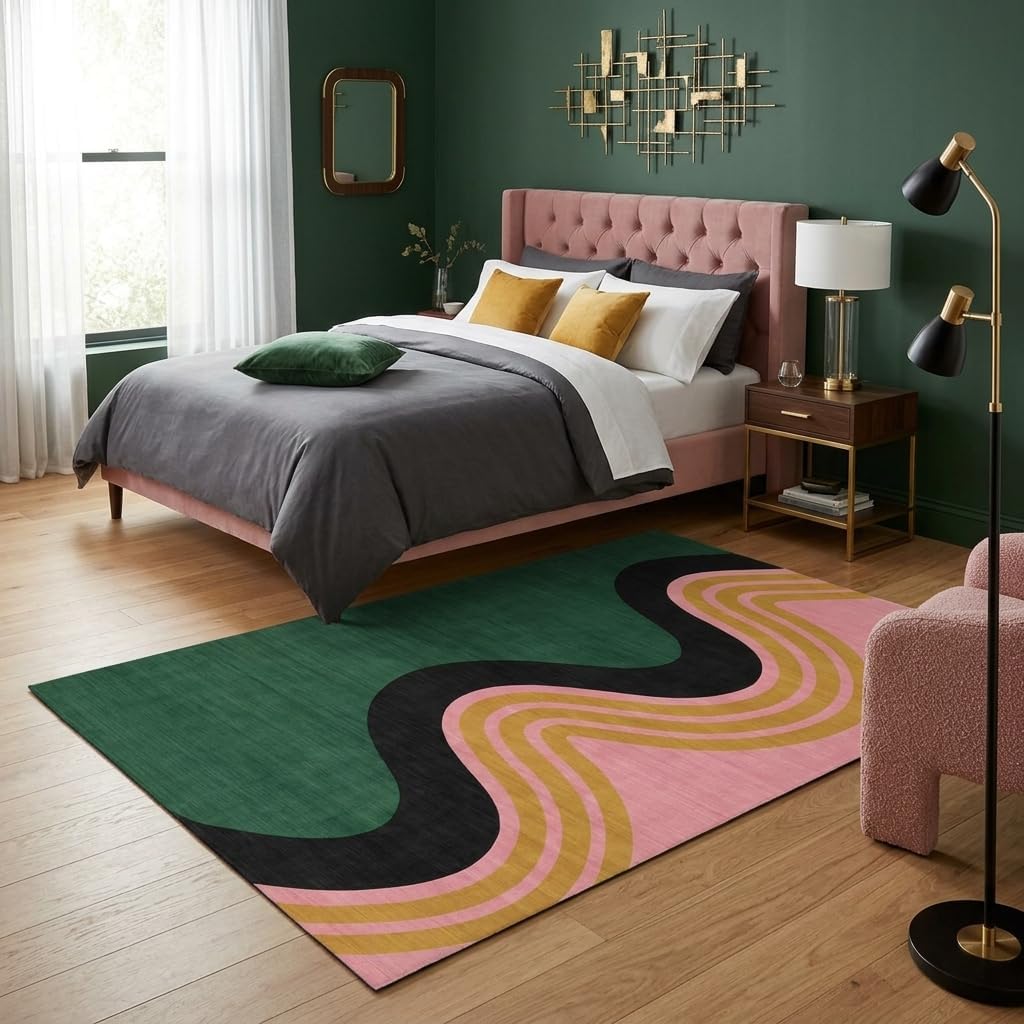 5x7 Green and Pink Modern Abstract Wavy Stripe Area Rug