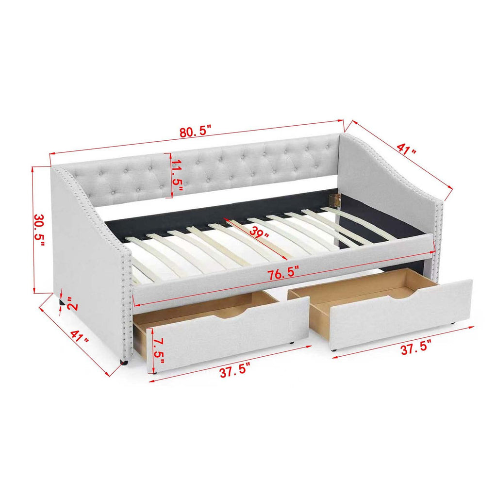 Wood Twin Daybed, Day Bed Frame with 2 Storage Drawers, Upholstered Twin Bed Frame Sofa Couch with Button and