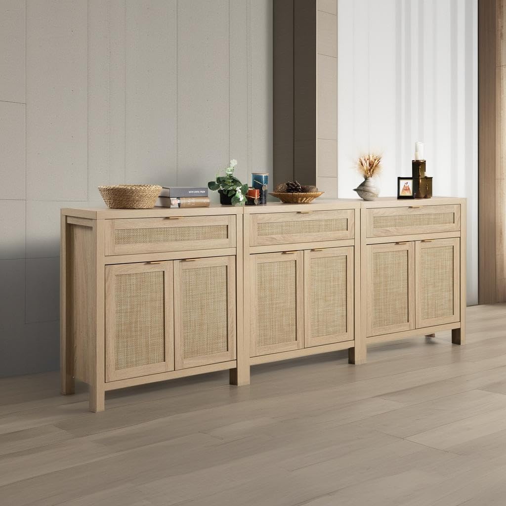 Sideboard Buffet Storage Cabinet Set of 3, Rattan Credenza Buffet | Boho Console Accent Cabinet with 6 Doors and 3