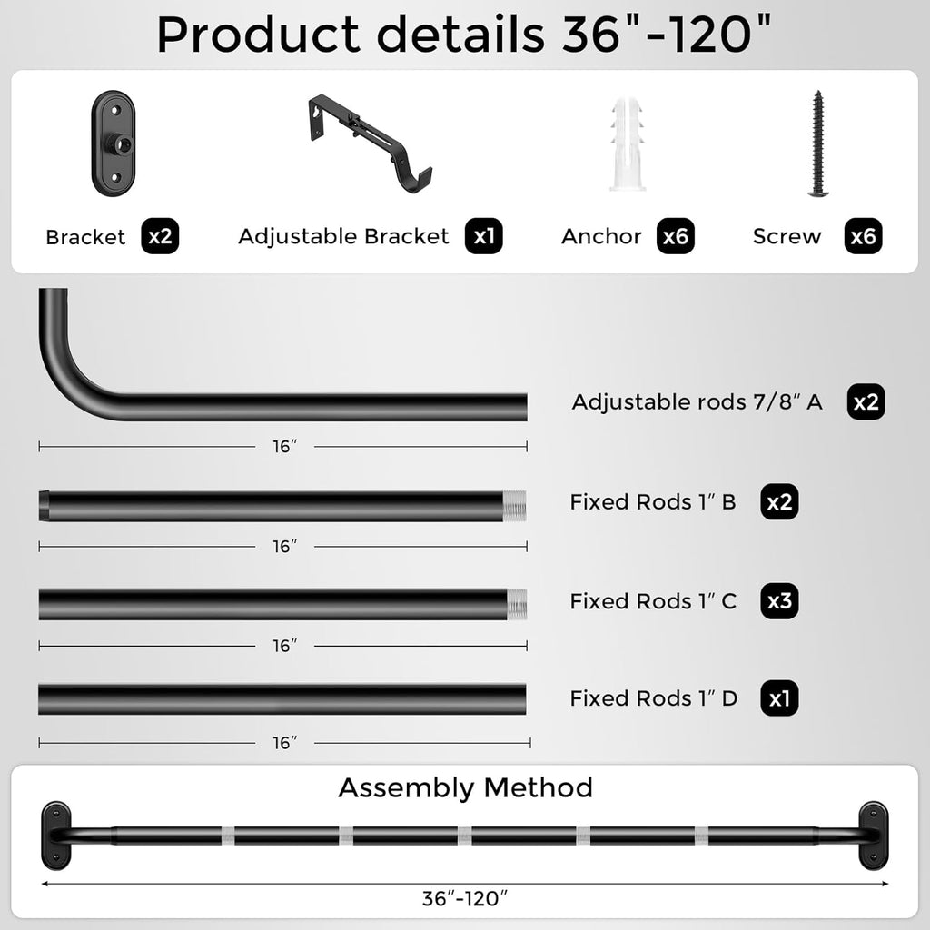 Curtain Rods 36-120 Inch, Black Wrap Around Blackout Curtain Rods for Windows, 1 Inch Adjustable Long Heavy Duty Room