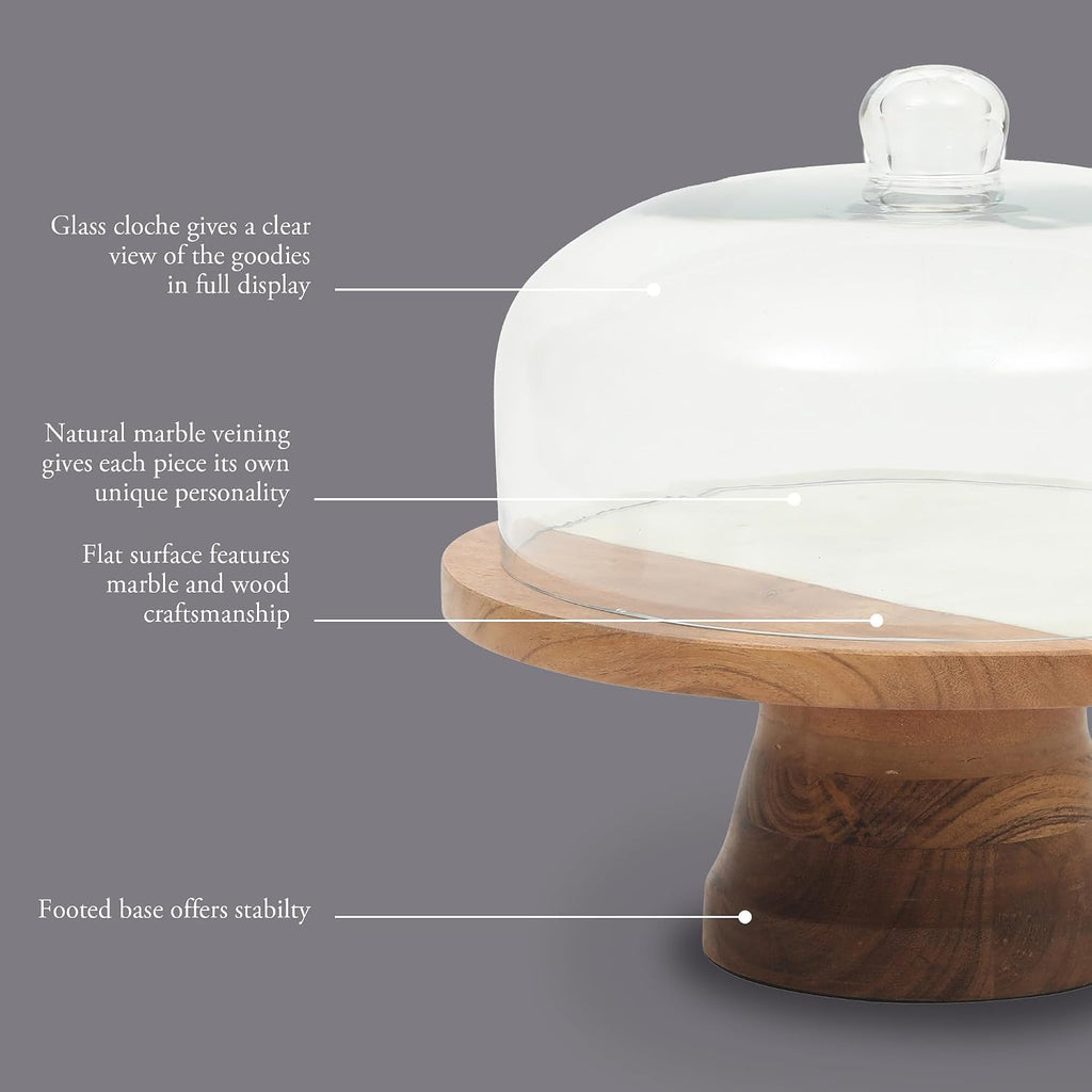 Ridgehaven 10" Marble & Wood Cake Stand, Serving Platter, Charcuterie Board, and Center Piece Home Décor With Glass