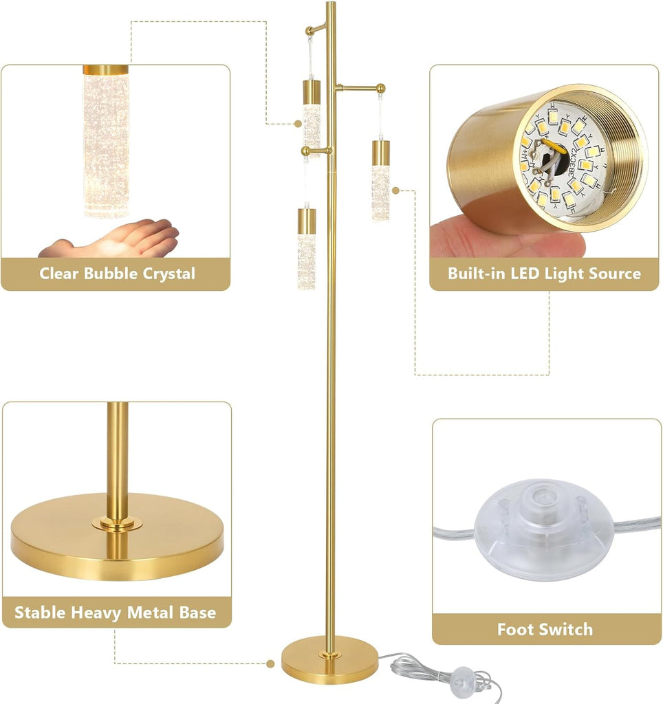 Gold Floor Lamps, Modern Brass Standing Lamp with Bubble Crystal Shades, 3 Built-in LED Lights, ON/Off Foot Switch