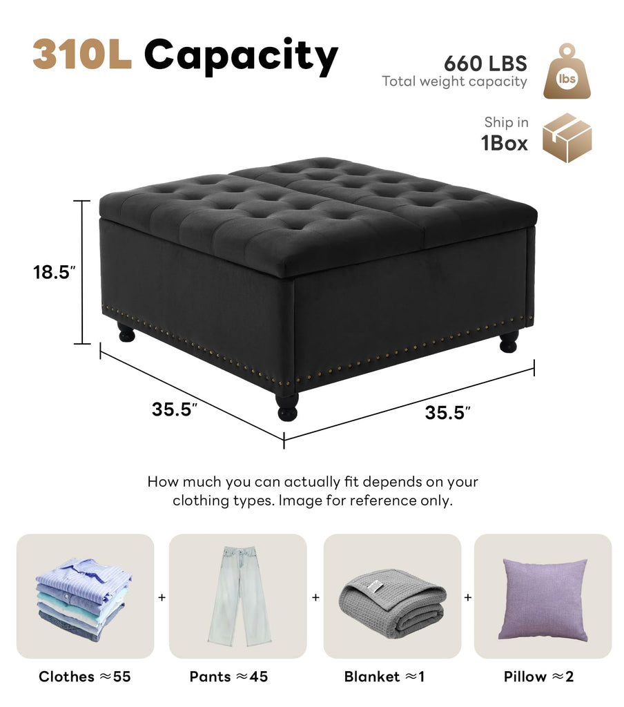 35.5 Inch Large Square Ottoman with Storage, Lift Top, Charcoal
