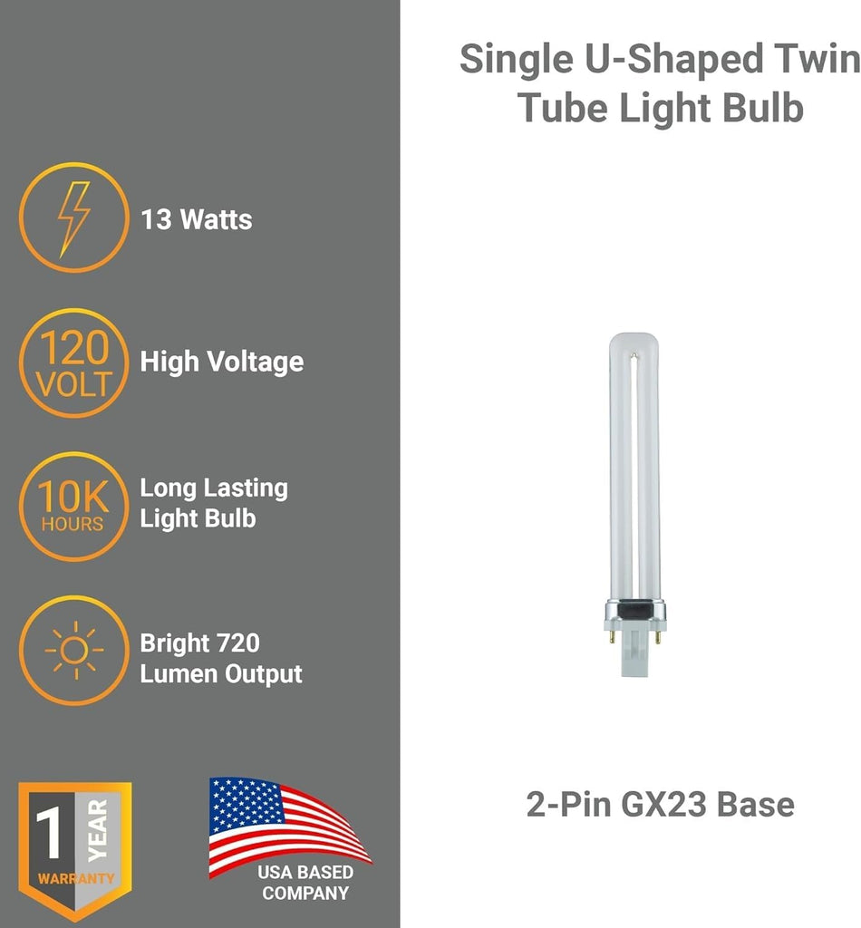 Compact Fluorescent Light Bulb PL 2 Pin GX23 Base Double Tube U-Shaped Plugin CFL Replacement 13W 6500K