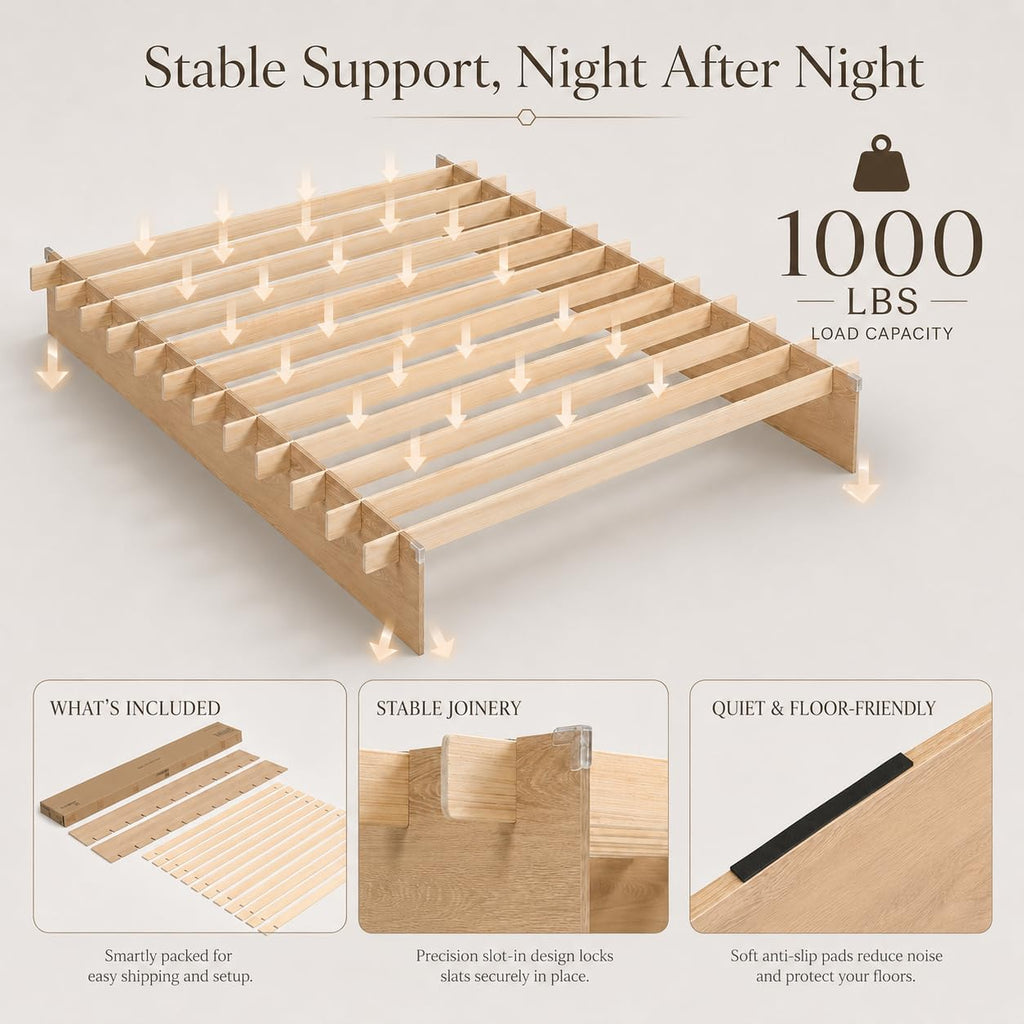 Queen Size Wood Platform Bed Frame, Japanese Tool-Free Joinery