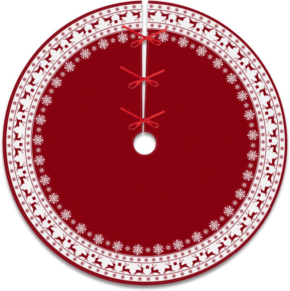 Christmas Tree Skirt, Red Tree Skirts 48 Inch with Snowflake Reindeer Rustic Farmhouse Xmas Tree Skirt Christmas