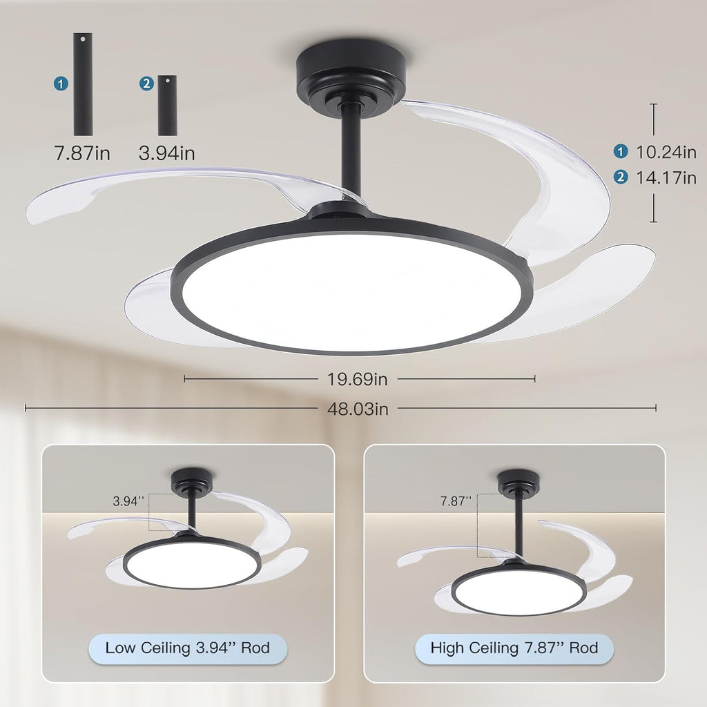 48'' Retractable Ceiling Fan with Remote Control,Bladeless Ceiling Fan with LED Lights,Stepless Full