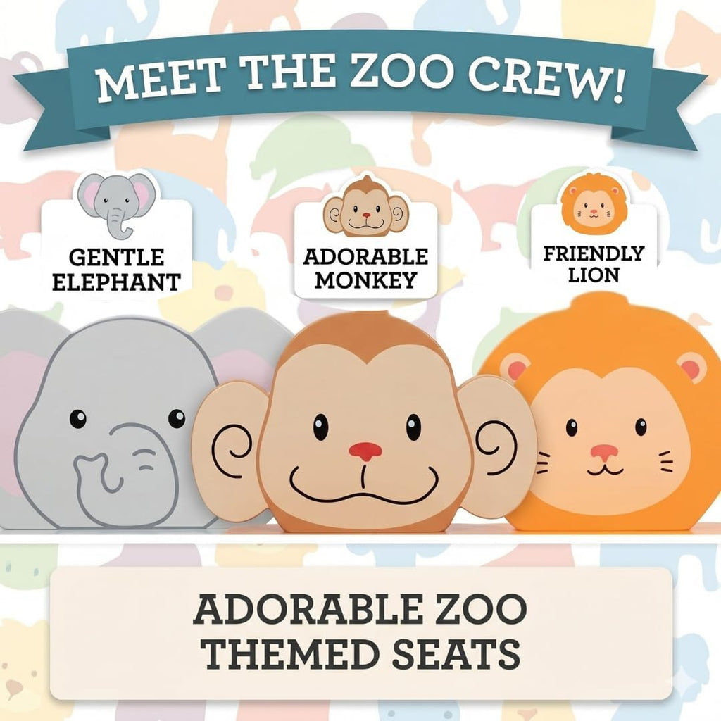 Kids Wooden Animal Table & Chair Set w 4 Seats- Monkey Lion & Elephant