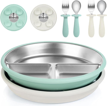 Feeding Set, 2 Pack Stainless Steel Divided Plate with Silicone Suction, 2 Set Spoons and Forks, BPA Free, Dishwasher