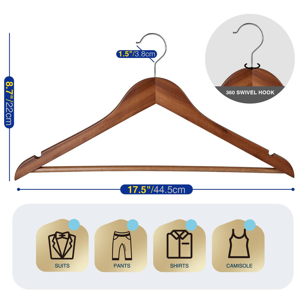 50 Pack Wooden Hangers, Wooden Clothes Hangers with Smooth Pant Bar and Shoulder Notches, Heavy Duty Hangers with