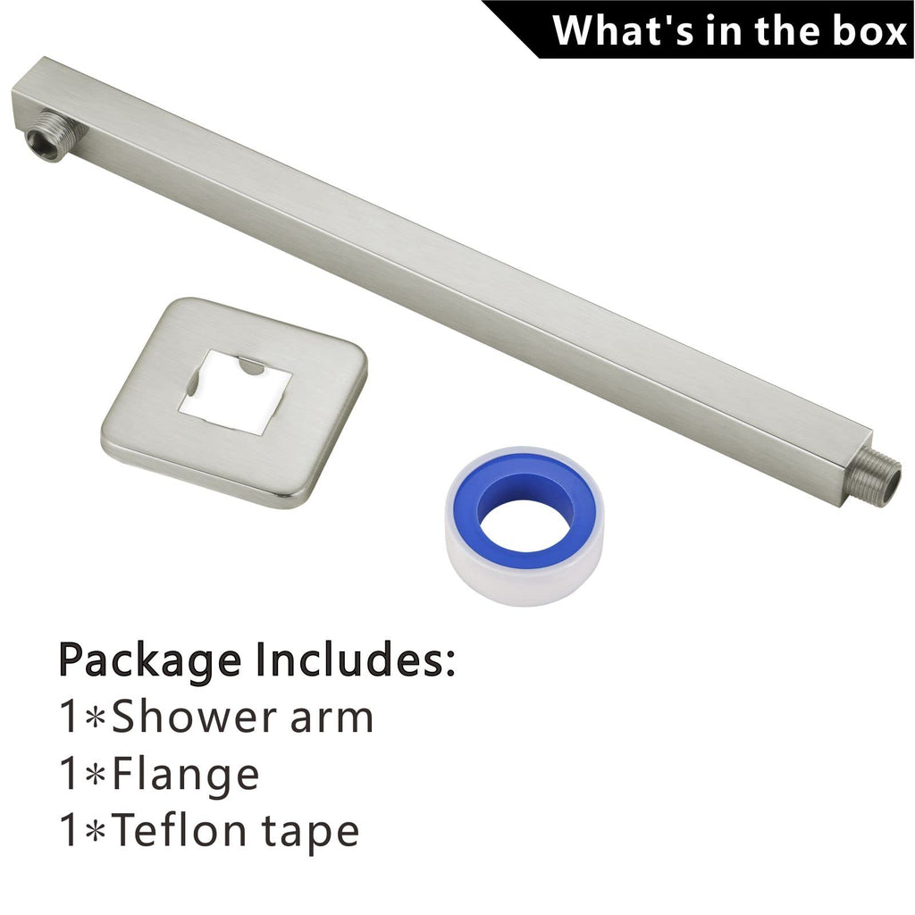 20" Square Shower Arm with Flange and Teflon Tape, Extension Shower Head Arm Fixed Shower Head, Solid Stainless