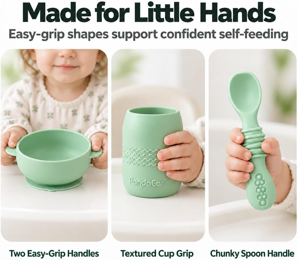 Silicone Baby Feeding Set, 6-12 Months, Bib Plate Bowl Cup Spoon