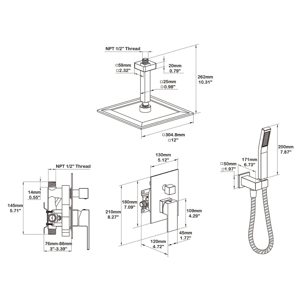 Shower System 12 Inch Ceiling Mount Shower Faucet Set Brushed Gold