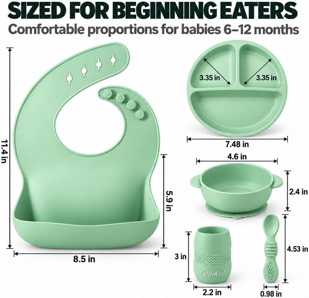Silicone Baby Feeding Set, 6-12 Months, Bib Plate Bowl Cup Spoon