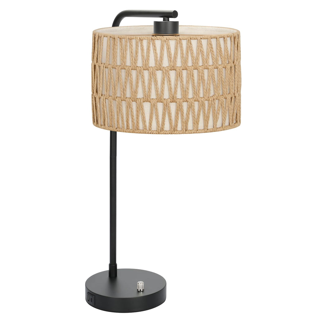 Boho Rattan Table Lamp, Fully Dimmable Tall Bedside Lamp with USB C+A Ports