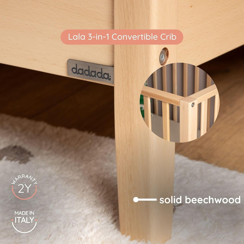 Baby LaLa 3-in-1 Convertible Wood Crib Bed, Made in Italy, Natural | Crib to Toddler & Day Bed, GREENGUARD Gold