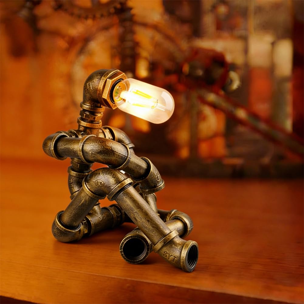 Steampunk Table Lamp, Creative Robot Style Desk Lamp Vintage Industrial Water Pipe Light for Bedside Table Nightstand
