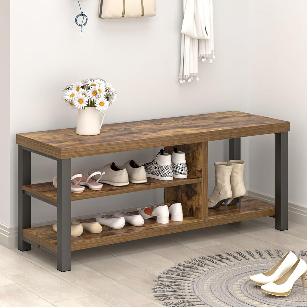 Shoe Bench, Modern Wood Storage Bench Hallway, Industrial Indoor Shoe Rack Bench Seat Bedroom, 43.3 Inch Rustic Brown