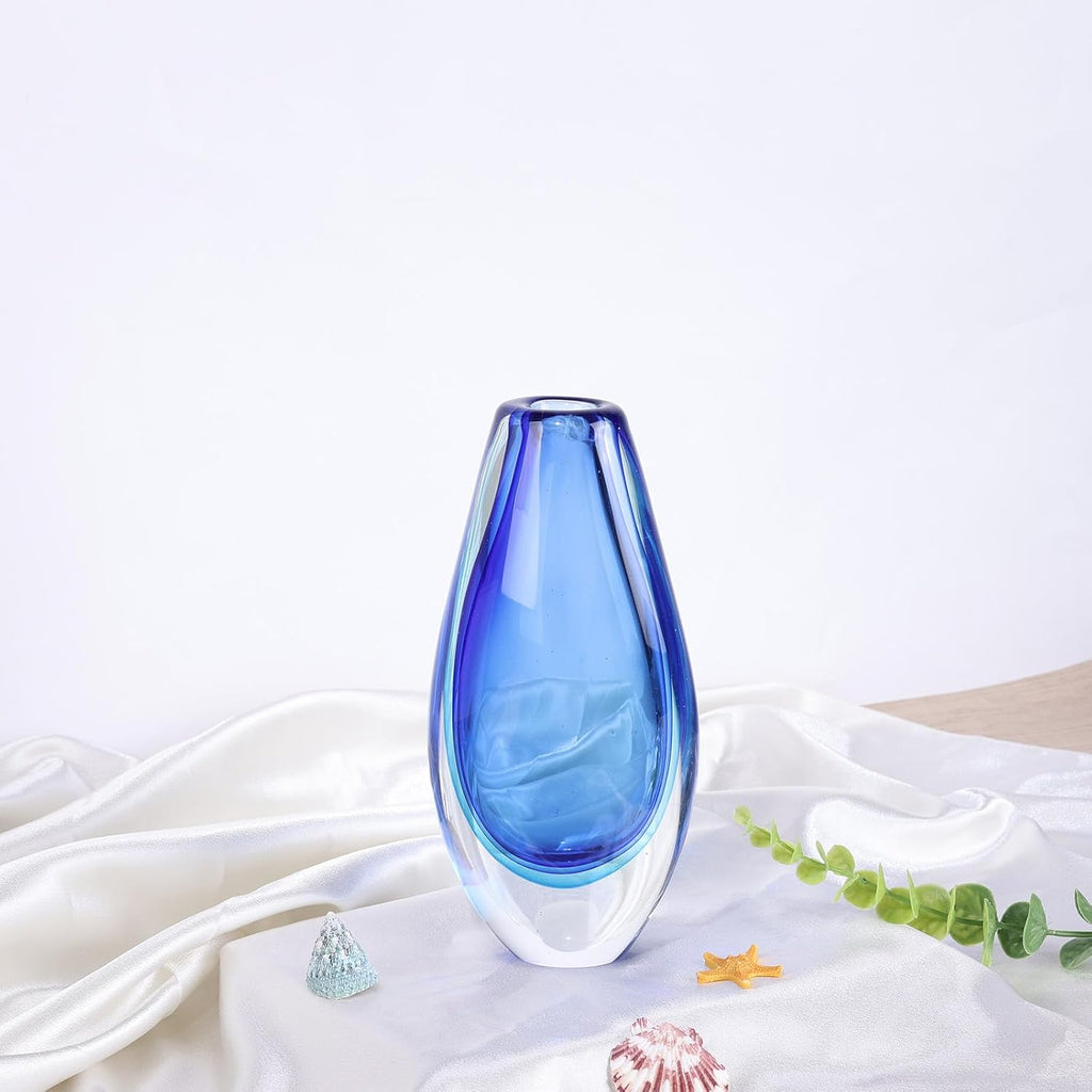Hand Blown Glass Vase - 8.9" Tall Oval Decorative Art Glass with Colorful Speckled Finish, Luxury Centerpiece for