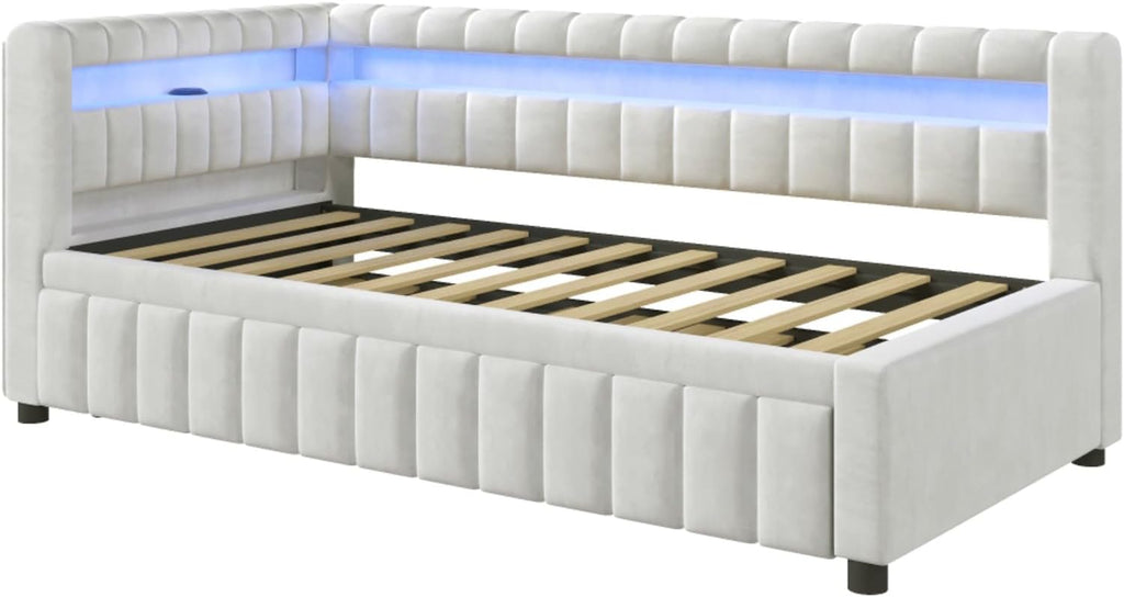 Twin XL to King Size L-Shaped Daybed with Pop-up Trundle, White | Vertical Channel Tufted Upholstered Corner Day Bed