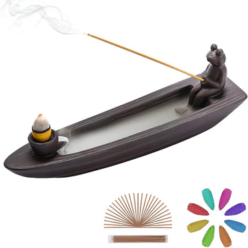 Frog Incense Holder Waterfall - Ceramic Cone Backflow Incense Burner Smoke Fountain, Back Flowing Incense Diffuser - Set of 54
