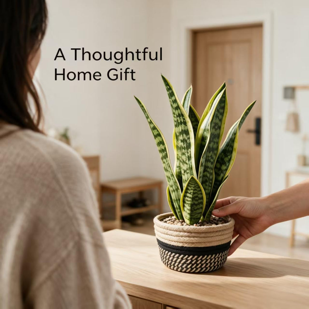 15" Artificial Snake Plant in Black Woven Planter Realistic Faux Sansevieria with Lush Green Leaves Modern Fake