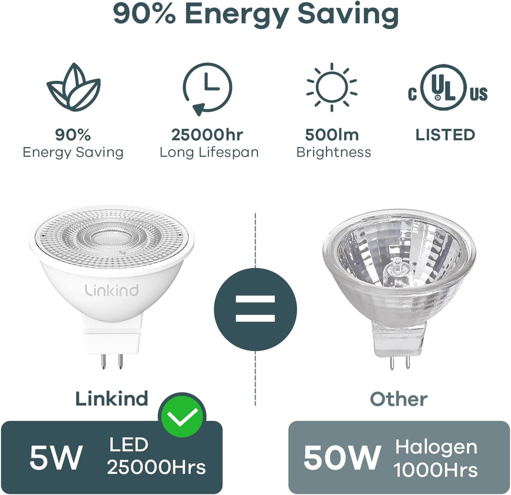 Dimmable MR16 LED Bulbs, 50W Equivalent GU5.3 Bi-Pin Base, 12V Low Voltage 5W 2700K Soft White 500lm 40° Beam Angle