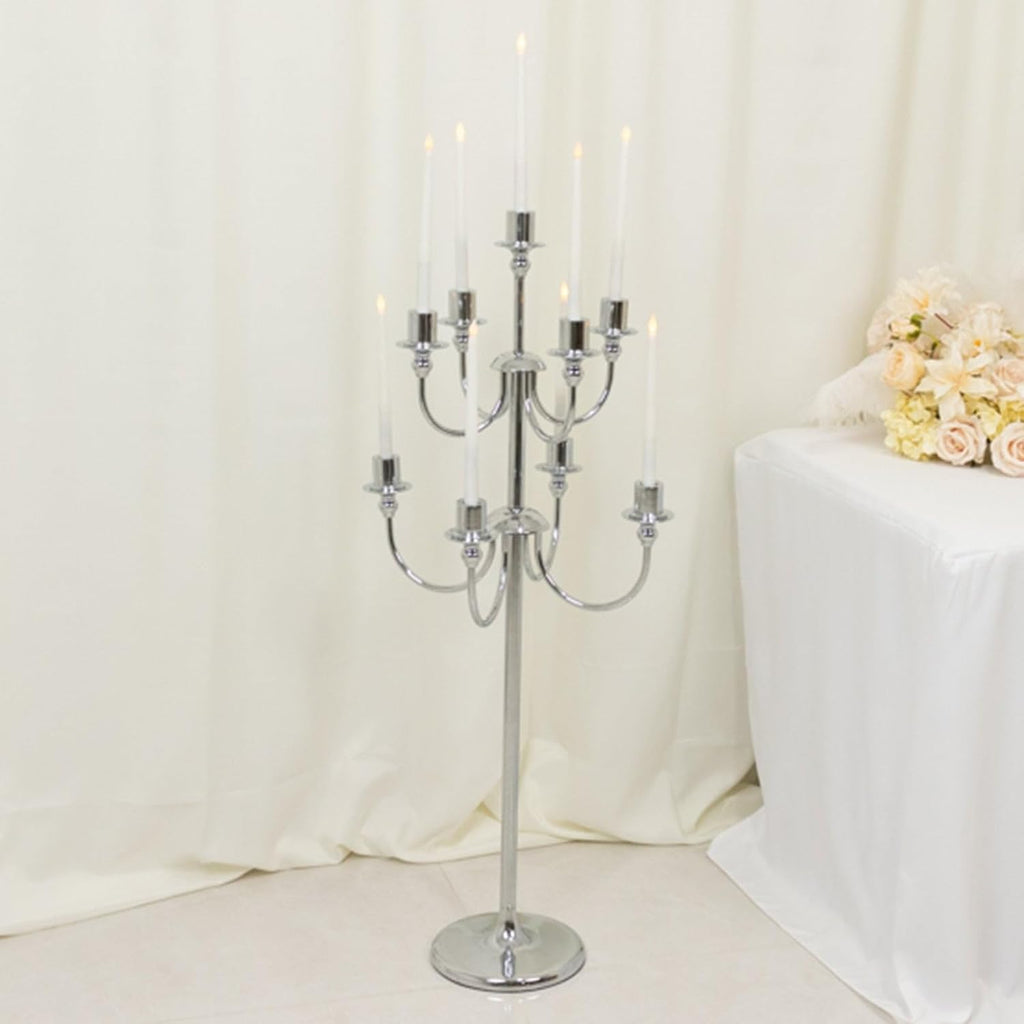 9-Arm Silver Metal Floor Candelabra Candle Holder, Vintage Classic Taper Candlestick Stand for Wedding, Party and