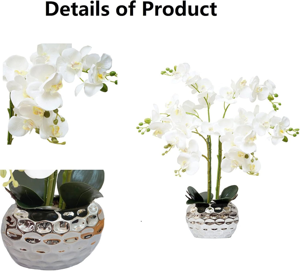 Orchid Artificial Flowers Decor, Faux Orchids with Silver Vase Phalaenopsis Fake Flowers Real Touch Flowers Plants