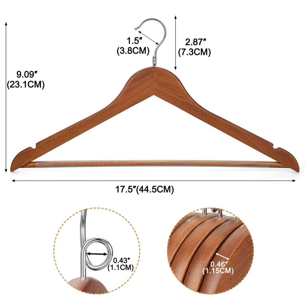 Wooden Hangers 30 Pack, Space Saving Coat Hanger with 360° Swivel Cascading Loop Hook, Non Slip Pants Bar and