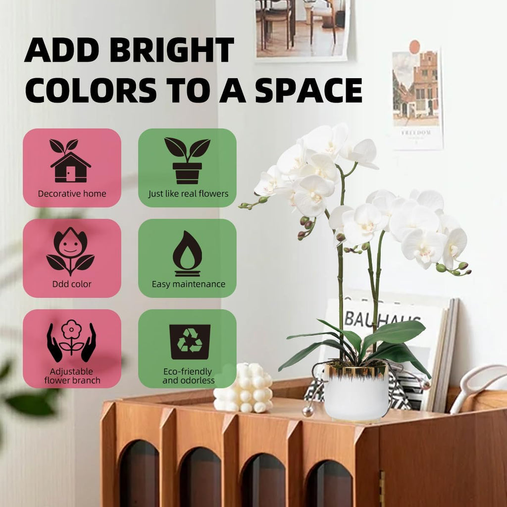 Orchids Artificial Flowers Real Touch Fake Flowers in Ceramic Pot 20" White Faux Orchid Plant Lifelike Silk