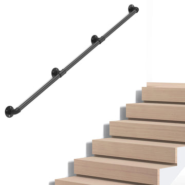 Industrial Pipe Stair Handrail, Wall-Mounted Metal Hand Rail for Indoor & Outdoor Steps, Black Galvanized Iron