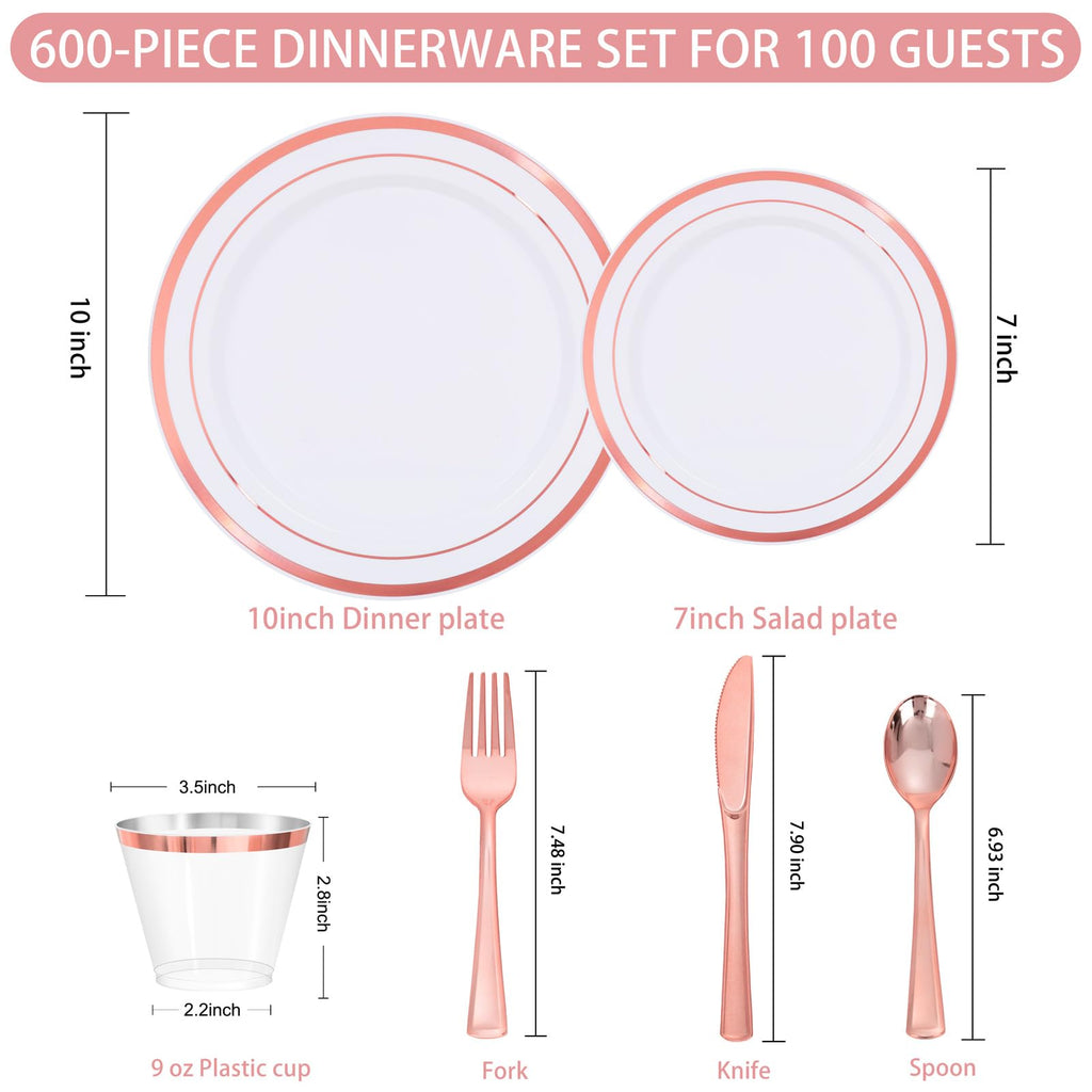 600 PCS Rose Gold Disposable Dinnerware Set for 100 Guests