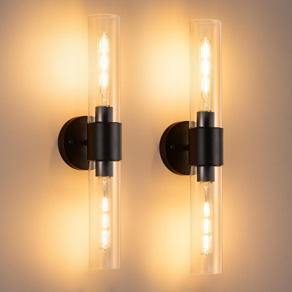 22" Matte Black Wall Lamps,Bathroom Sconces Set of 2 | Industrial Glass Vanity Light, E26 Base,Modern Glass Wall