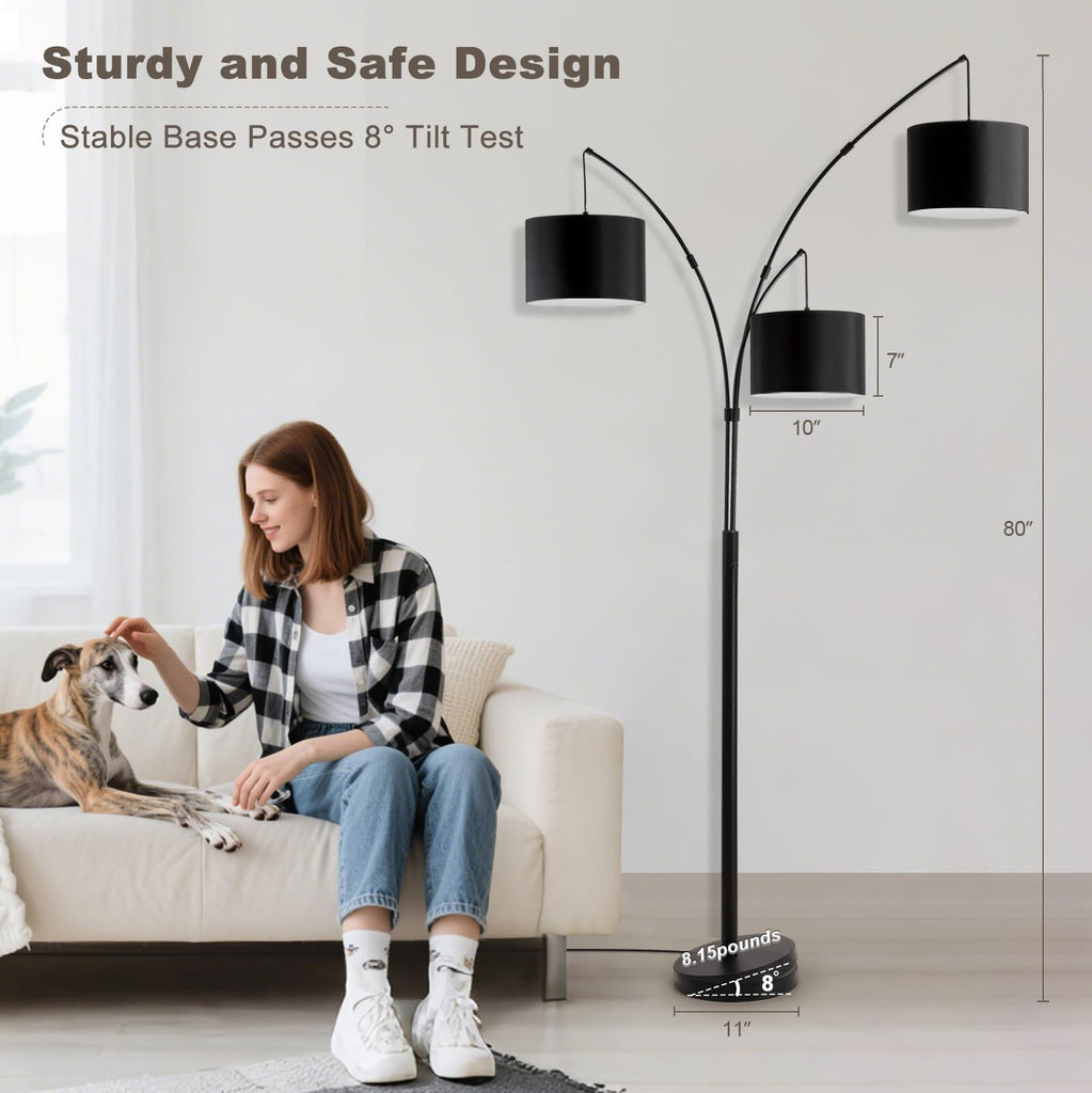 Floor lamp with Remote, 3 Light Arc Floor Lamps, Tall Standing Floor Lamps with Black Shades, 80" Large Floor