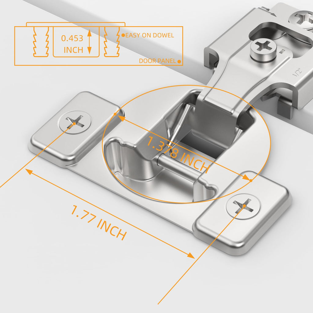 Non-Slow Close Regular Hinges, 1/2" Overlay Standard Concealed Cabinet Hinges for Face Frame Door, 3D Self Closing