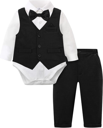 4Pcs Baby Boy Suits Dress Outfit Shirt Pants Bowtie Vest Set 3